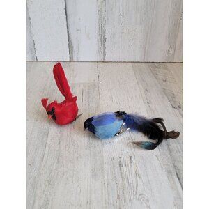 Realistic red cardinal blue jay feather clip on ornament Xmas set